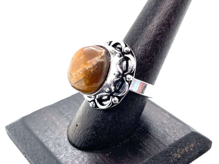 Petite Tiger's Eye in Ornate Floral Energy Design Tibetan Silver Ring
