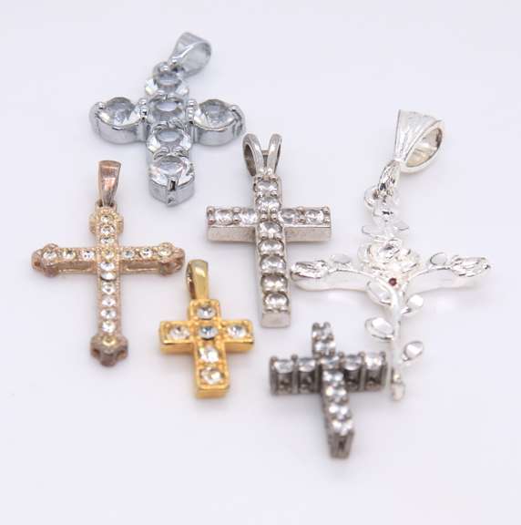 Group Lot of 6 Vintage Sterling Silver Cubic Zirconia Cross Pendants