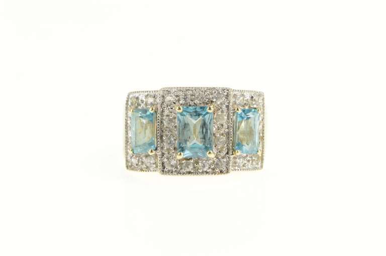 10K Yellow Gold Emerald Blue Topaz Diamond Halo Engagement Ring