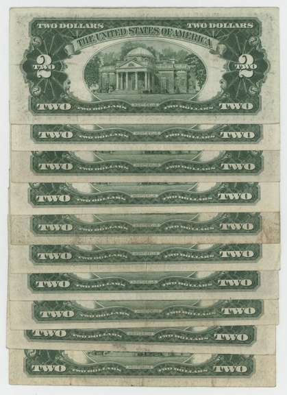 10 Nicer 1953 Series $2 Red Seal Notes in XF/AU