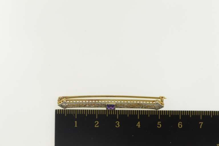 14K Yellow Gold Art Deco Amethyst Ornate Filigree Bar Pin/Brooch