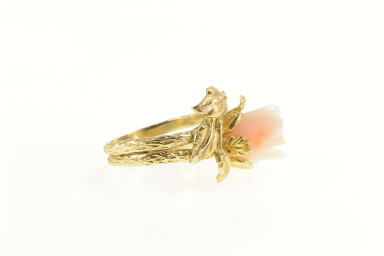 14K Yellow Gold 1960's Carved Coral Rose Vine Bridal Set Ring