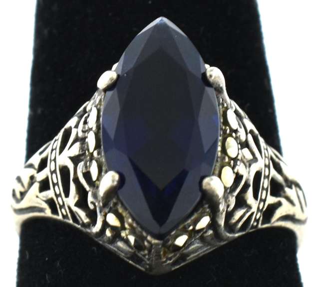 Silver Blue CZ Ring With Marcasite Accents