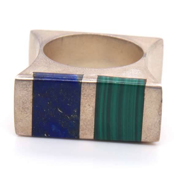 Vintage Sterling Silver Square Turquoise and Lapis Ring