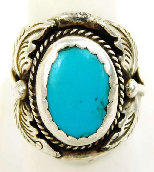 Signed B Vintage Navajo Sterling Turquoise Ring, 10.5