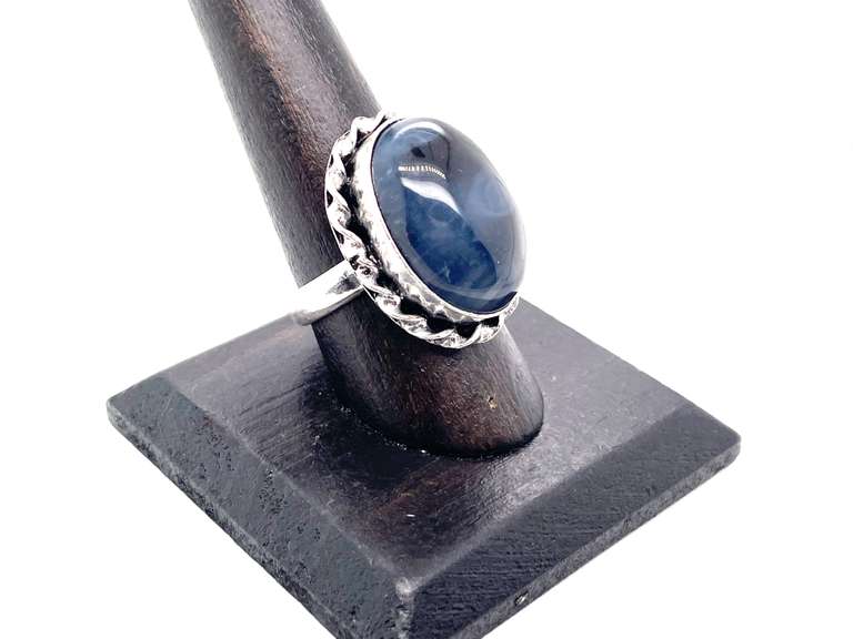 White Circles in Black Gemstone Tibetan Silver Rope Design Ring