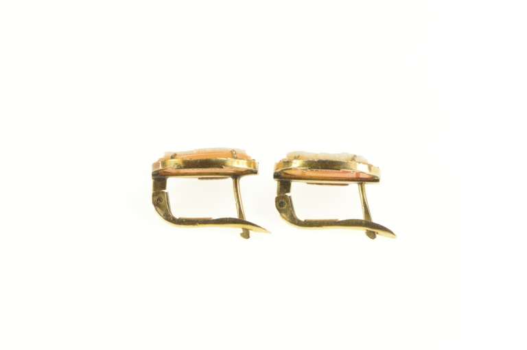 14K Yellow Gold Ornate Carved Shell Cameo Lever Back Classic Earrings