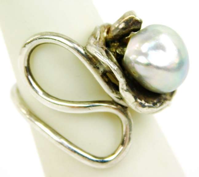 Fabulous Sterling Free Form Ring with Baroque Pearl, 5