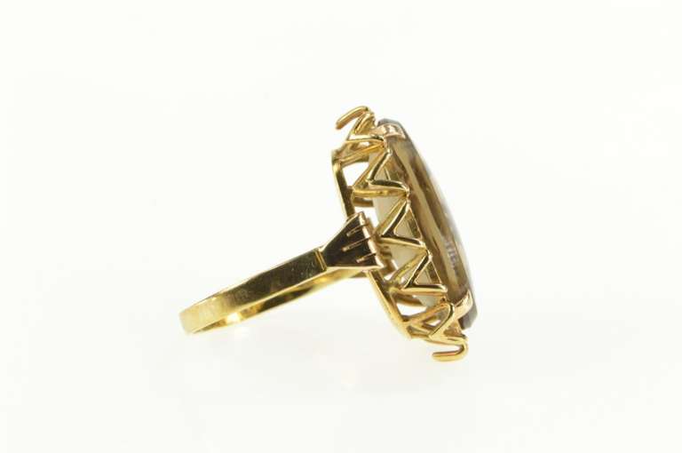 14K Yellow Gold Retro Oval Smoky Quartz Ornate Cocktail Ring