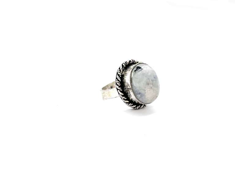 Cabochon Rainbow Moonstone with Blue Sheen Labradorite in Tibetan Silver Energy Rope Design Ring