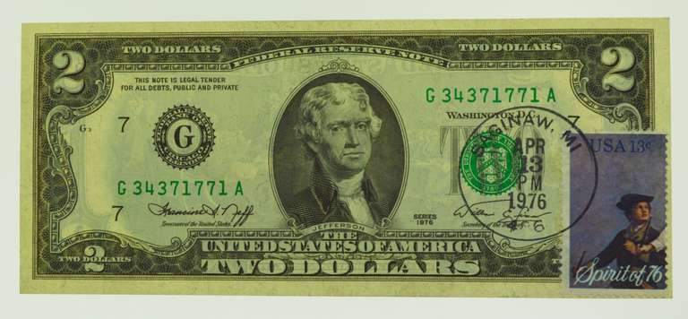 1976 First Day Issue Bicentennial UNC $2 Dollar Bill With Cancellation Stamp