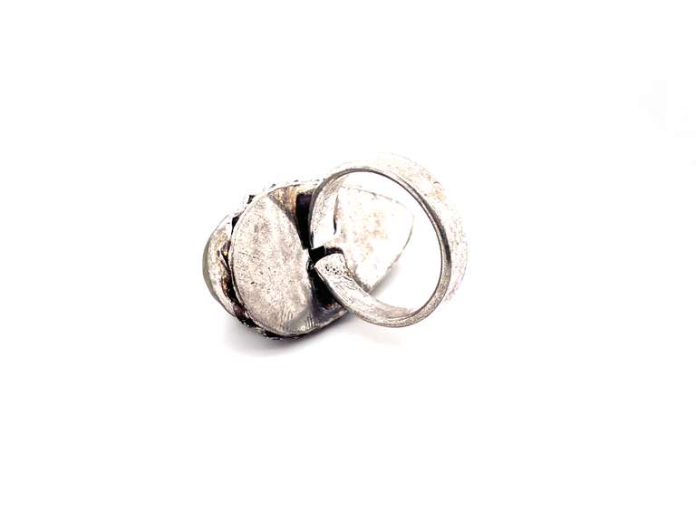 Unakite Jasper Tear-Drop Shaped Statement in Rope Designed Tibetan Silver Ring