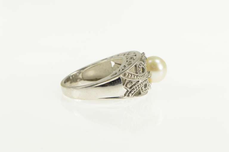 10K White Gold Pearl Filigree Diamond Scroll Engagement Ring