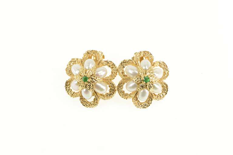 14K Yellow Gold Retro Pearl Emerald Flower Ornate Clip Back Earrings