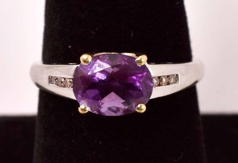 Radiant Amethyst and Diamond Ring in 14K White Gold