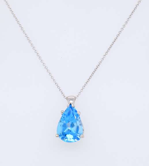 Gorgeous White Gold Pear Blue Topaz Pendant on Chain