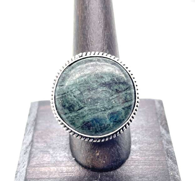 Unique Green and Black Gemstone in Tibetan Silver Ring