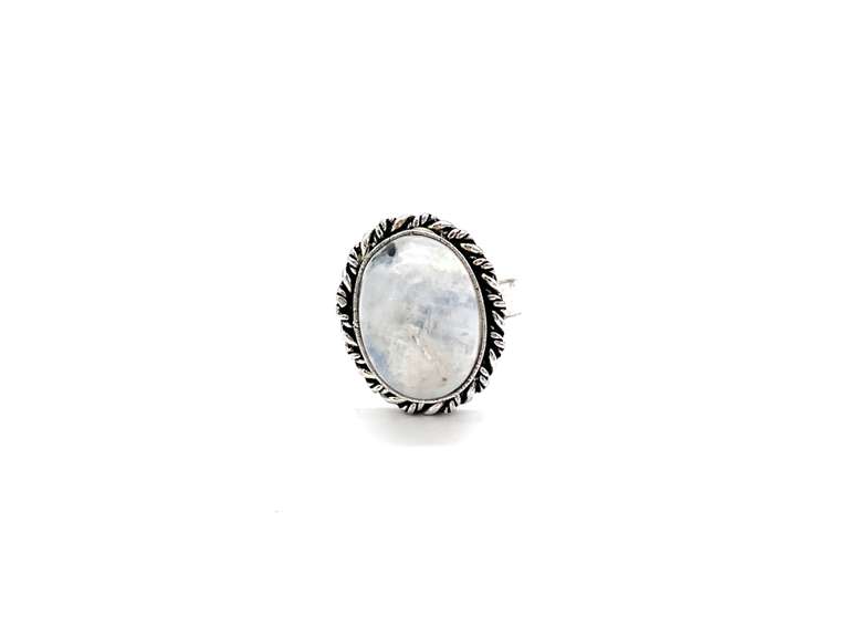 Cabochon Rainbow Moonstone with Blue Sheen Labradorite in Tibetan Silver Energy Rope Design Ring