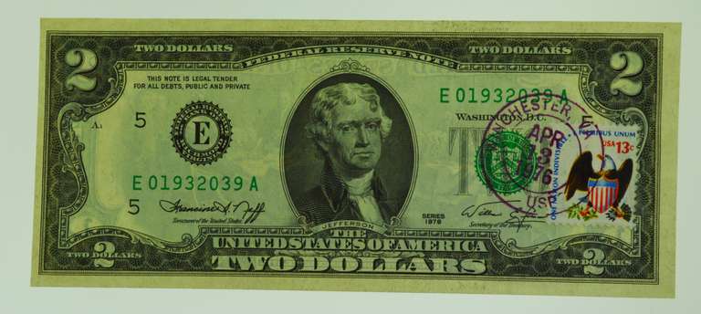 1976 Uncirculated Two Dollar Bill With April 1976 Post Mark Eagle Stamp