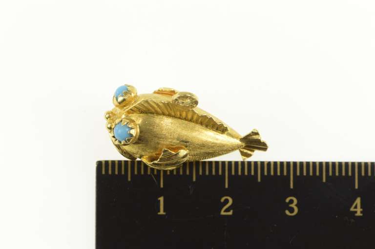 18K Yellow Gold 1960's 3D Turquoise Eyed Fish Retro Charm/Pendant
