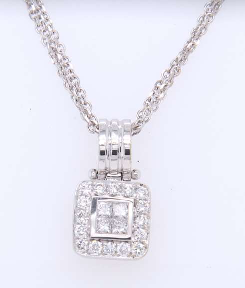 Dazzling White Gold Invisible Set Diamond Pendant on Multi Strand Chain