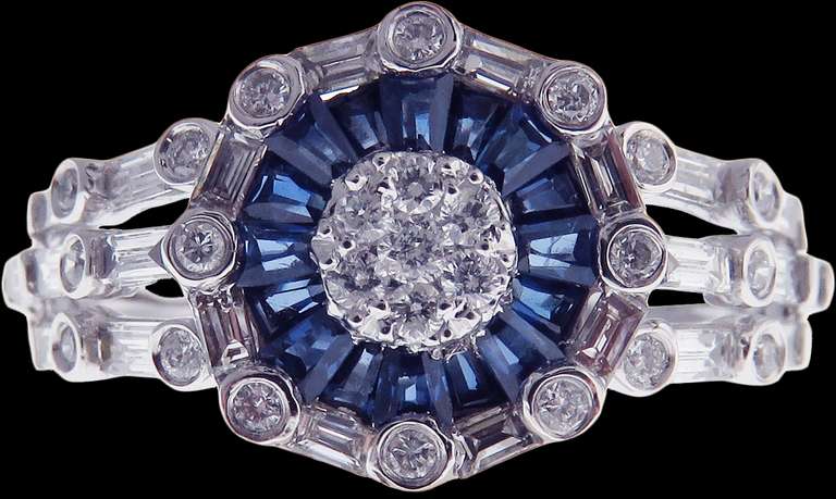 Illustrious 18k White Gold Diamond Cluster Ring with Sapphire Moat