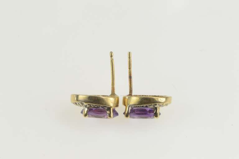 14K Yellow Gold Oval Amethyst Diamond Accent Stud Earrings