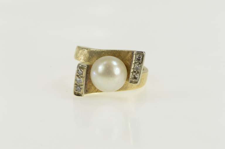 14K Yellow Gold 1960's Pearl Diamond Squared Bypass Ring