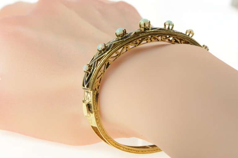 14K Yellow Gold Black Enamel Twist Opal Designer Bangle Bracelet