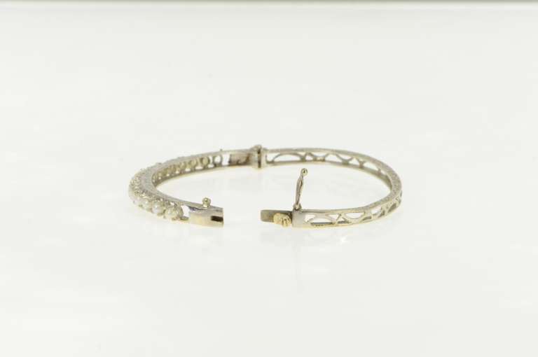 14K White Gold Pearl Ornate Embossed Scroll Oval Bangle Bracelet