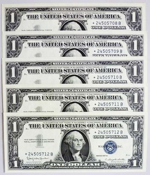 (5) Superb Crisp 1957B $1 Star Replacement Silver Certificates-Consecutive!