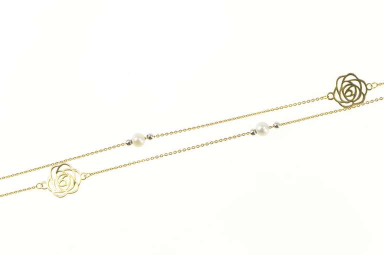 18K Yellow Gold Ornate Rose Flower Pearl Beaded Opera Chain Necklace