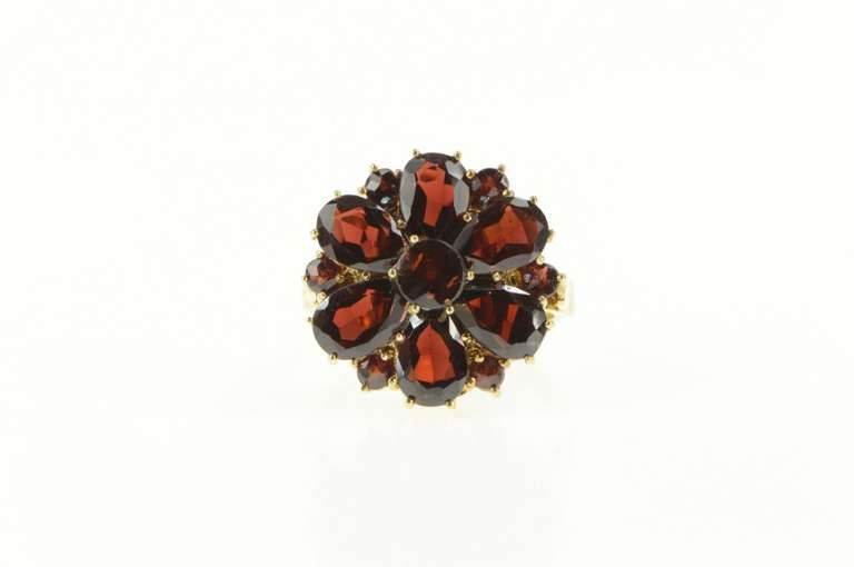 14K Yellow Gold Retro Ornate Pear Garnet Halo Cluster Ring