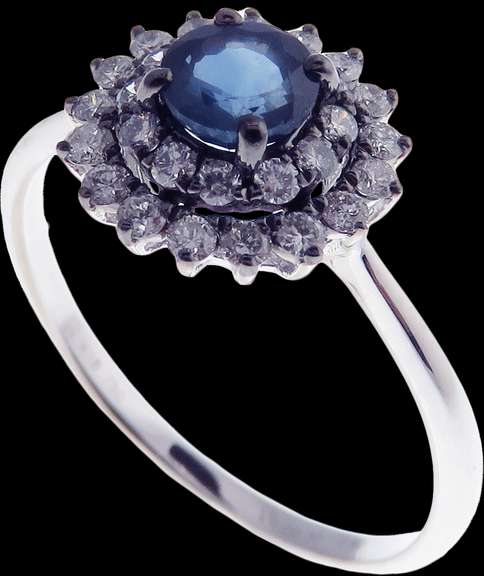 18k White Gold Sapphire Halo Ring surrounded with Diamonds