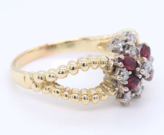 Handsome Yellow Gold Marquise Ruby and Diamond Cluster Split Shank Ring