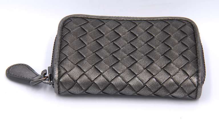 Bottega Veneta Metallic Silver Intrecciato Leather Zip Around Coin Purse