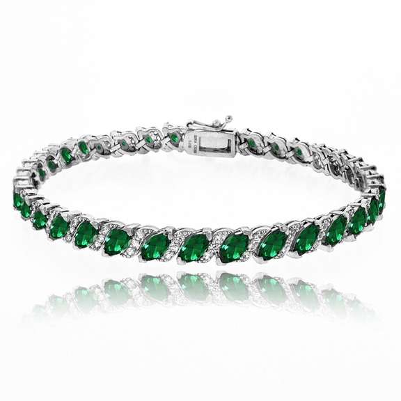 Simulated Emerald Tennis Bracelet with White Topaz Accents in Sterling Silver