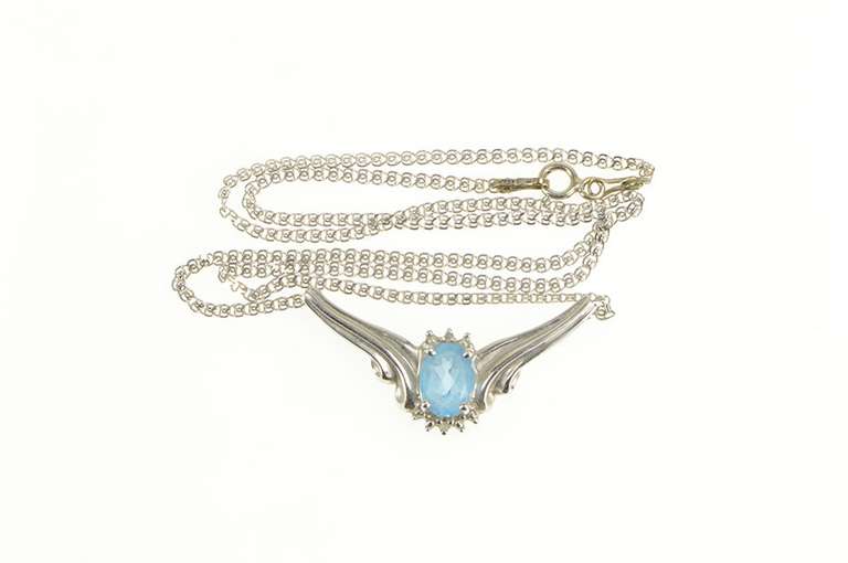10K White Gold Oval Blue Topaz Diamond Accent Chevron Necklace