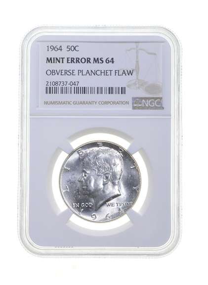 MS64 MINT ERROR 1964 Kennedy Half Dollar - OBV Planchet Flaw - NGC