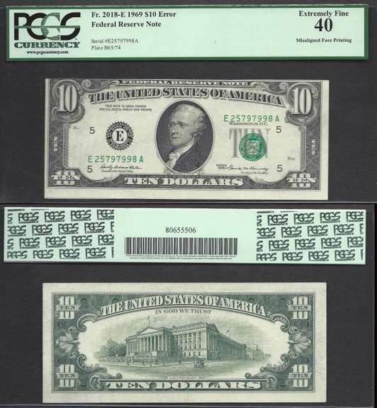 $10 1969 FRN Faulty Alignment Error PCGS Ext Fine 40