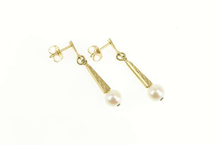 14K Yellow Gold Pearl Diamond Cut Ornate Dangle Statement Earrings