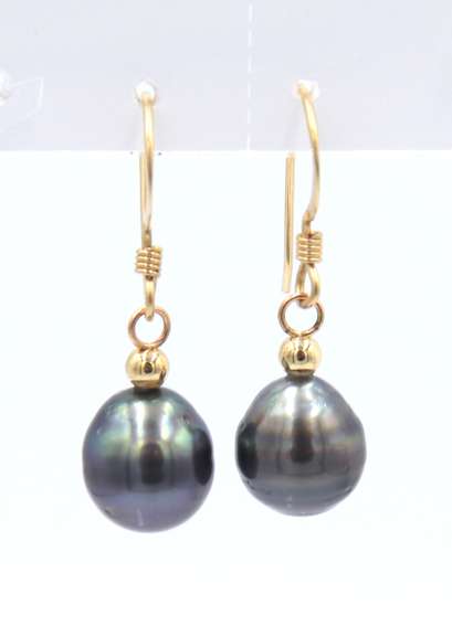 Nice Yellow Gold Grey/ Black Pearl Dangle Earrings