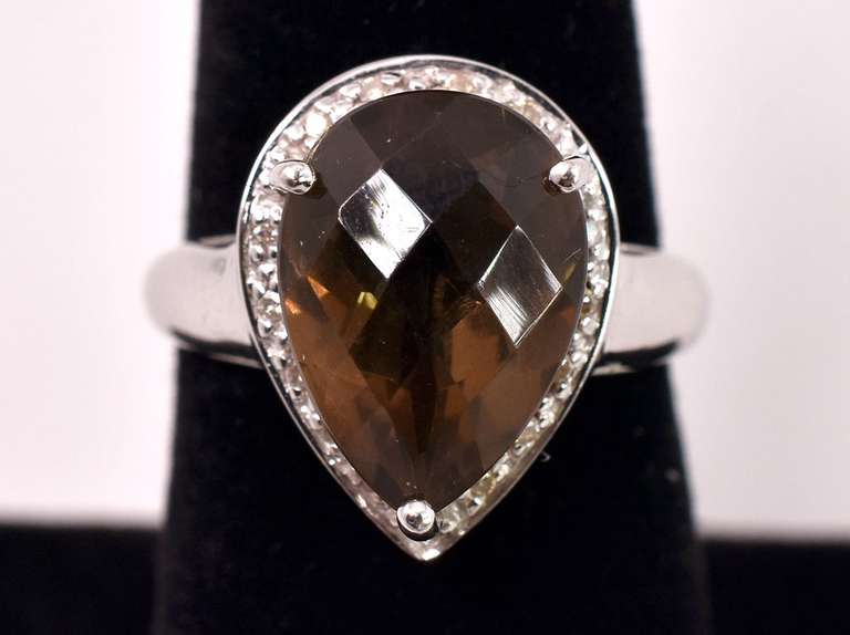 Captivating Smokey Quartz and Diamond Ring in 14K White Gold