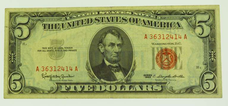 1963 $5 Five Dollars Red Seal Lincoln Bank Note US Bill