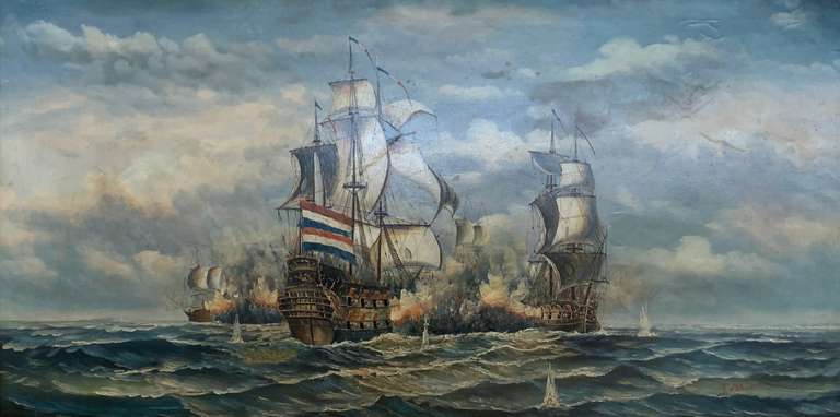 J.Harvey Original Oil on Canvas Dutch Sea Warfare