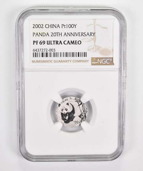 PF69UCAM 2002 China 100 Yuan 1/10 Oz .999 Platinum Panda Anniv NGC