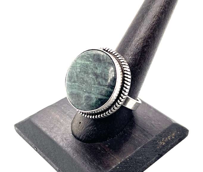 Unique Green and Black Gemstone in Tibetan Silver Ring