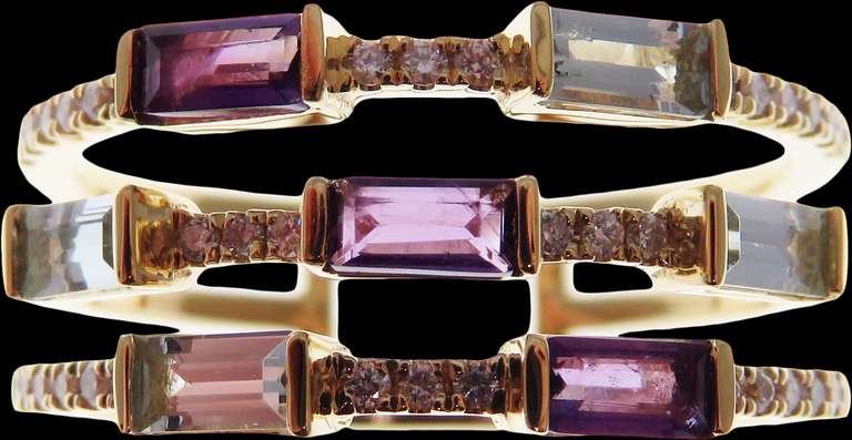 Imposing Triple Tiered Amethyst and Topaz 18k Gold Ring with Diamonds