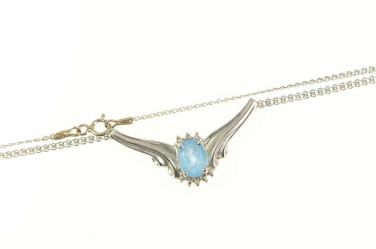 10K White Gold Oval Blue Topaz Diamond Accent Chevron Necklace