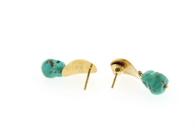 Brinco Pedra Turquoise Tumbled Dangle On 18k Yellow Gold Cuff Earrings